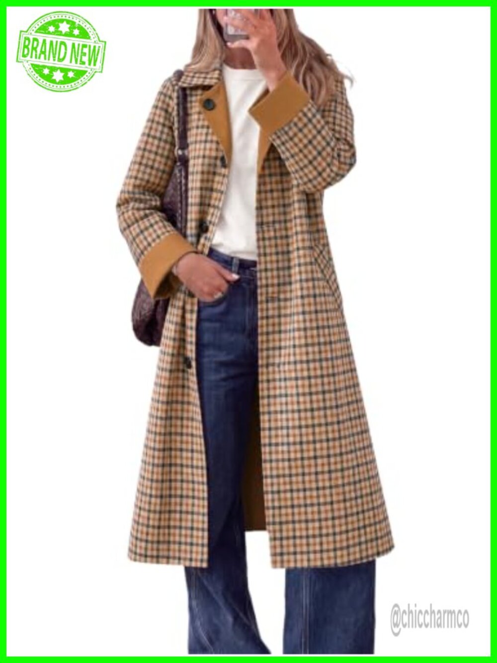 Reversible Plaid Trench Coat Long Windproof Overcoat Button Down